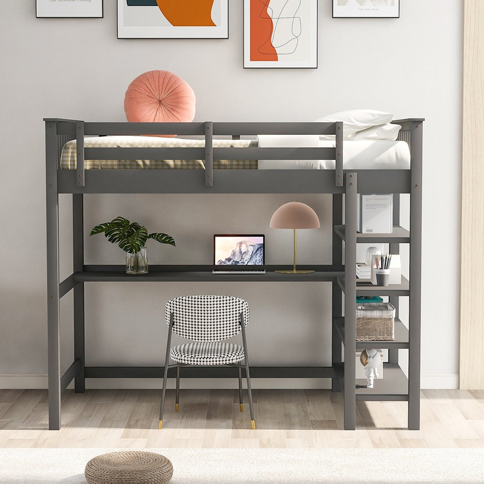 Gray Twin Size Wood Loft Bed With Storage Shelves And Desk By Homeroots | Beds | Modishstore - 3