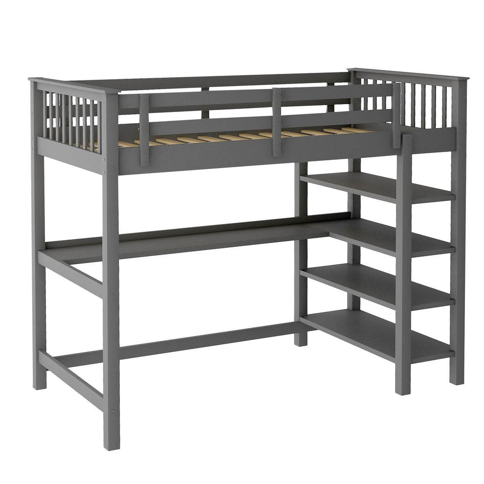 Gray Twin Size Wood Loft Bed With Storage Shelves And Desk By Homeroots | Beds | Modishstore - 4