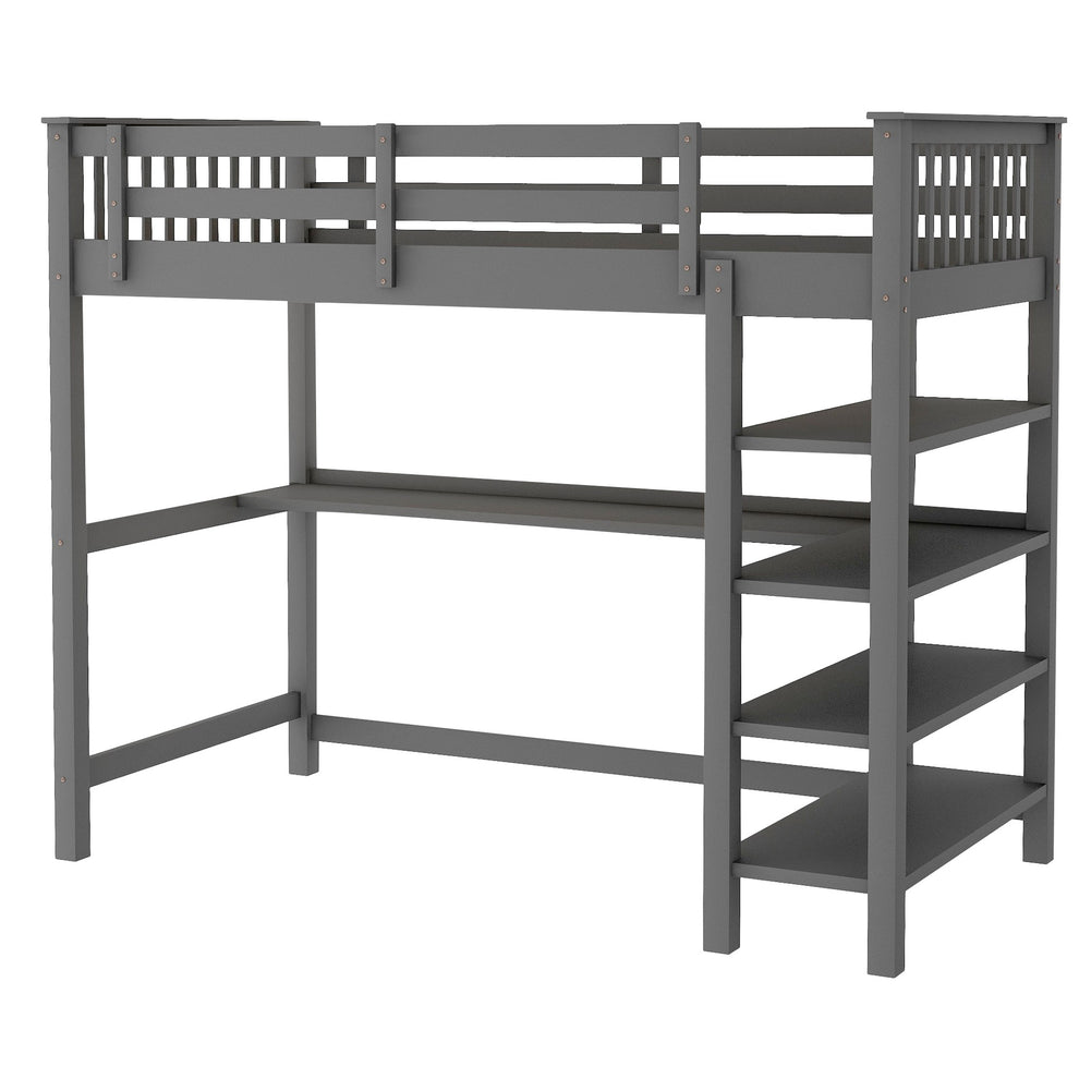 Gray Twin Size Wood Loft Bed With Storage Shelves And Desk By Homeroots | Beds | Modishstore - 5