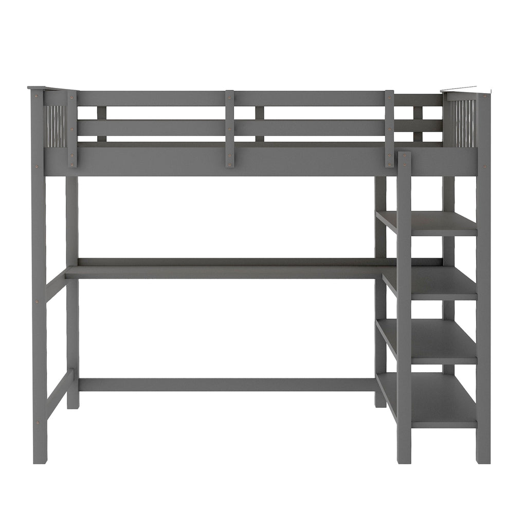 Gray Twin Size Wood Loft Bed With Storage Shelves And Desk By Homeroots | Beds | Modishstore - 6