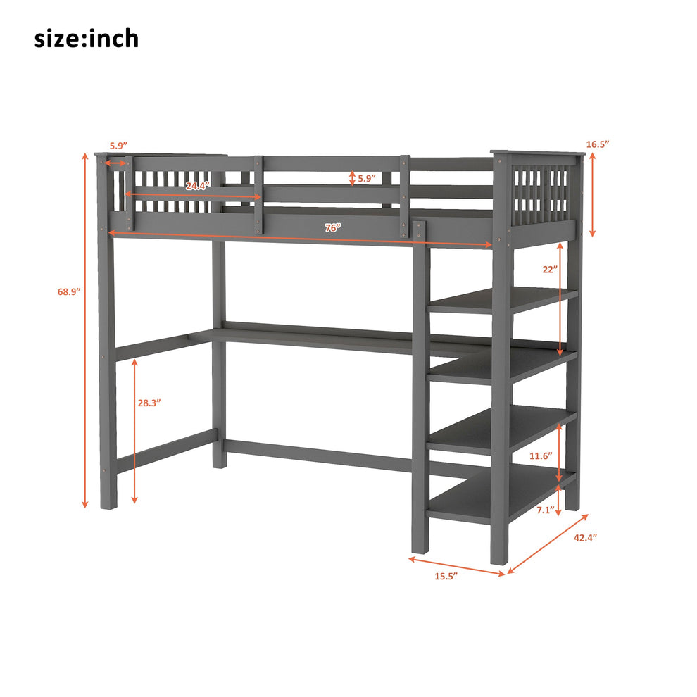 Gray Twin Size Wood Loft Bed With Storage Shelves And Desk By Homeroots | Beds | Modishstore - 7