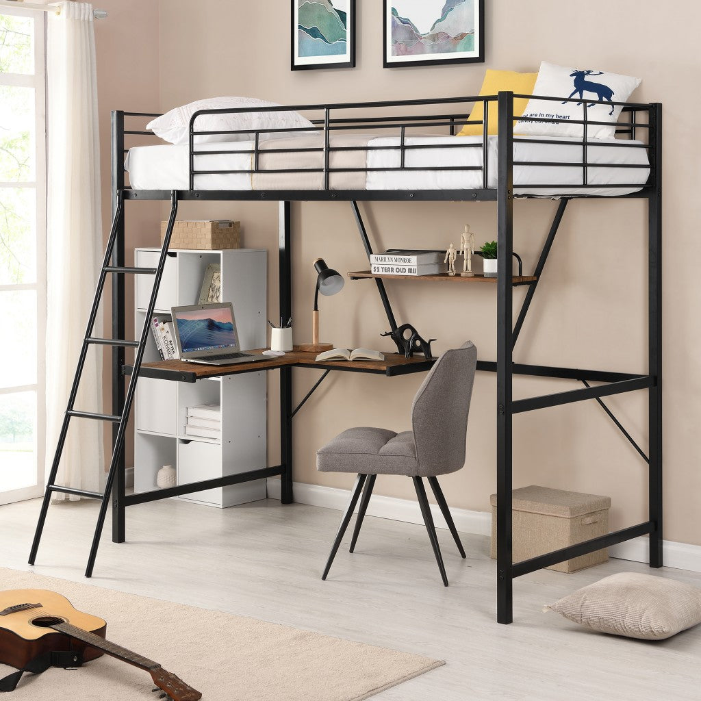 Black Metal Loft Bed With L Shaped Desk And Shelf By Homeroots | Beds | Modishstore