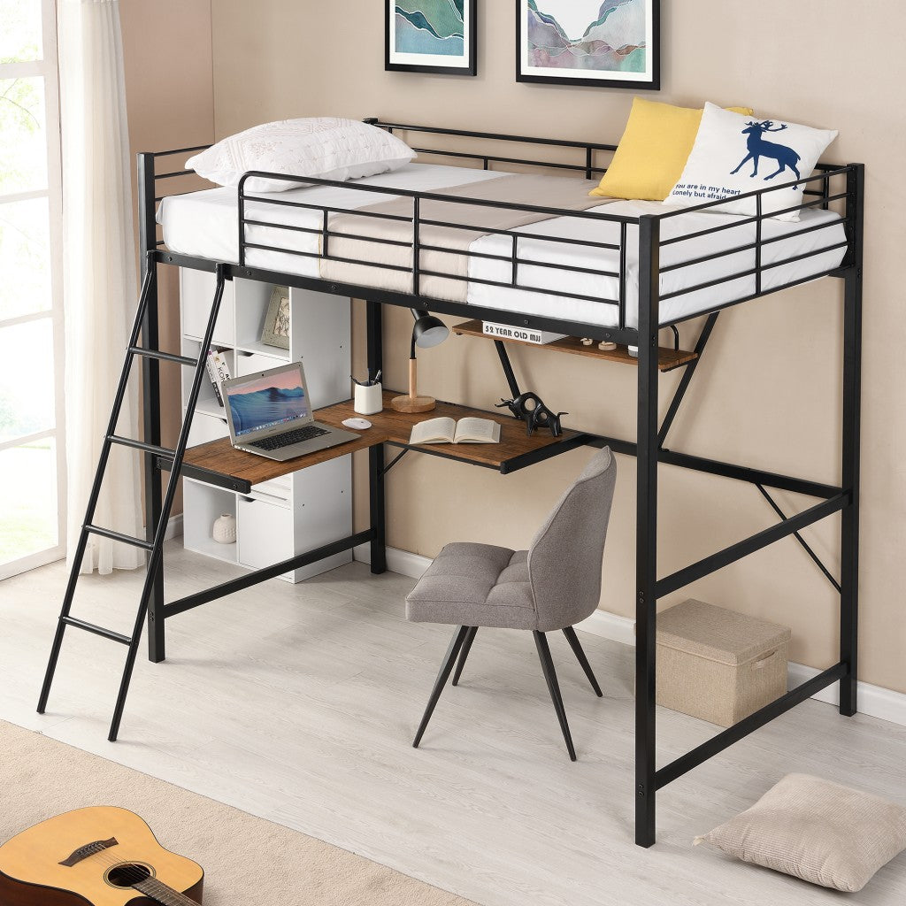 Black Metal Loft Bed With L Shaped Desk And Shelf By Homeroots | Beds | Modishstore - 2