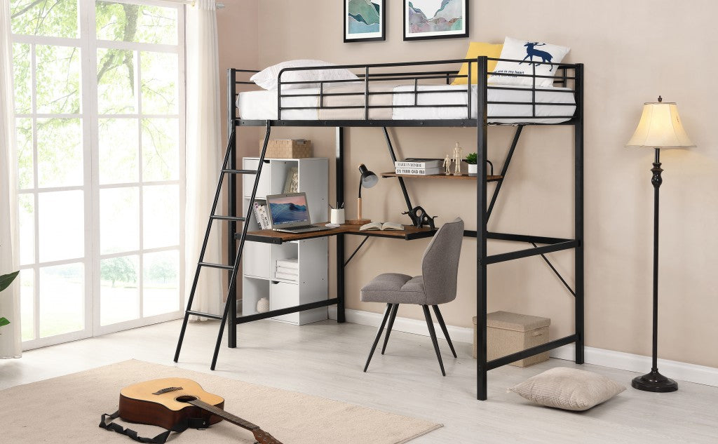 Black Metal Loft Bed With L Shaped Desk And Shelf By Homeroots | Beds | Modishstore - 3