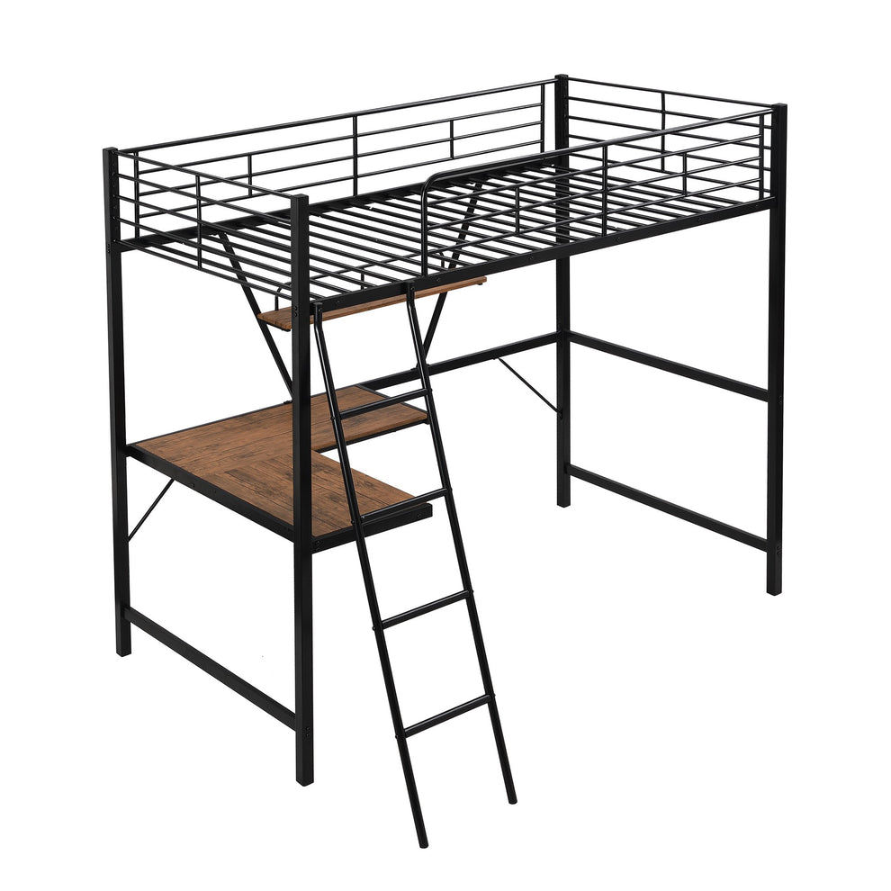 Black Metal Loft Bed With L Shaped Desk And Shelf By Homeroots | Beds | Modishstore - 7