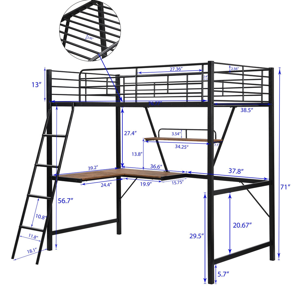 Black Metal Loft Bed With L Shaped Desk And Shelf By Homeroots | Beds | Modishstore - 9