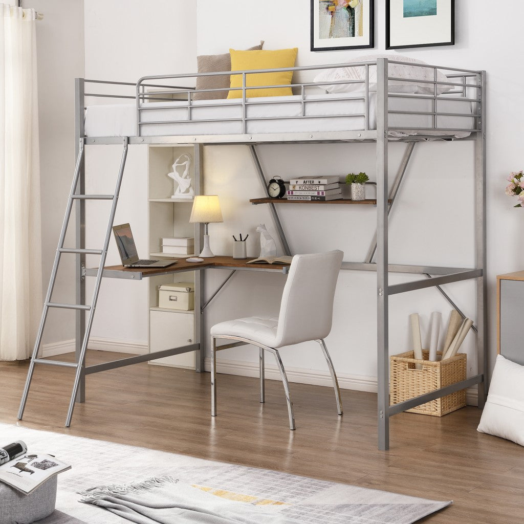 Silver Metal Loft Bed With L Shaped Desk And Shelf By Homeroots | Beds | Modishstore