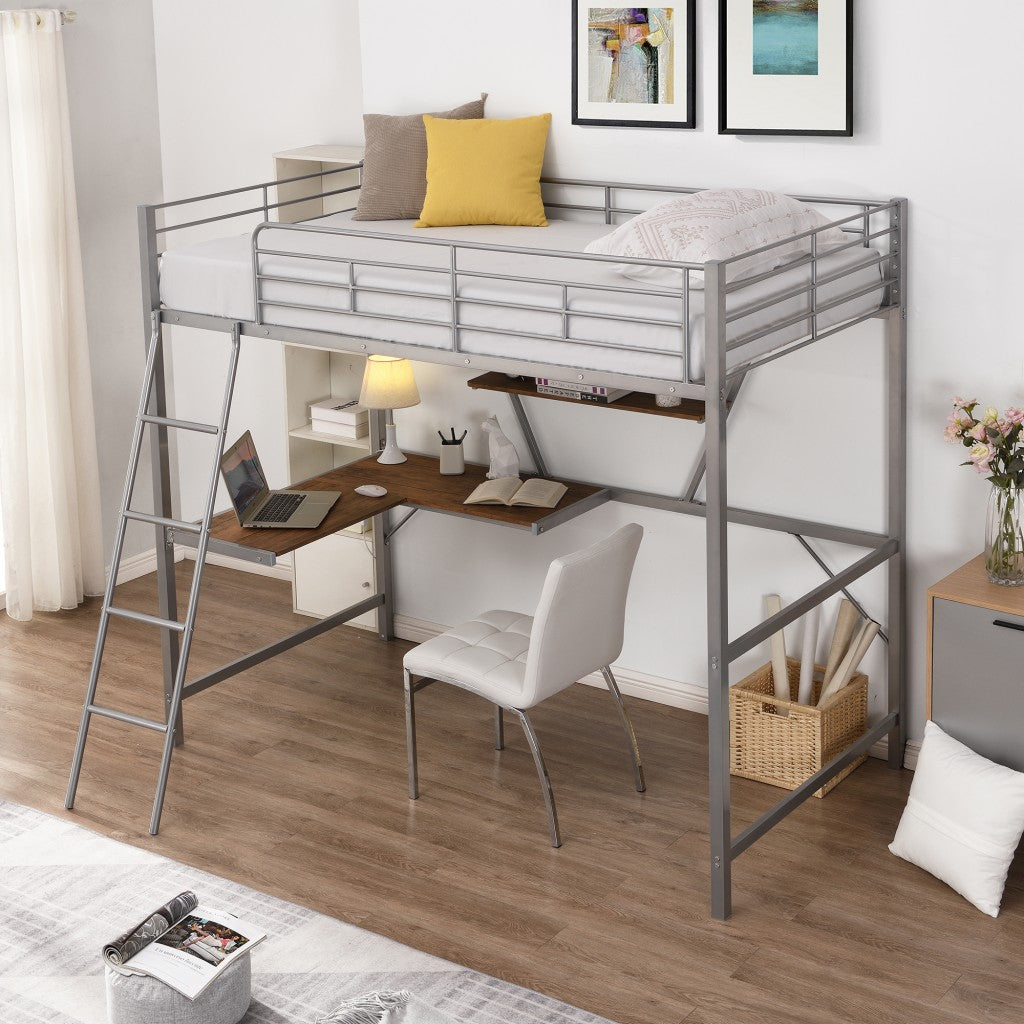 Silver Metal Loft Bed With L Shaped Desk And Shelf By Homeroots | Beds | Modishstore - 2