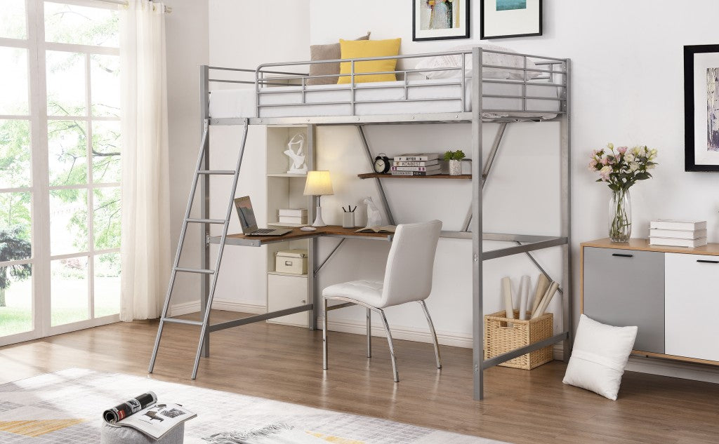 Silver Metal Loft Bed With L Shaped Desk And Shelf By Homeroots | Beds | Modishstore - 3