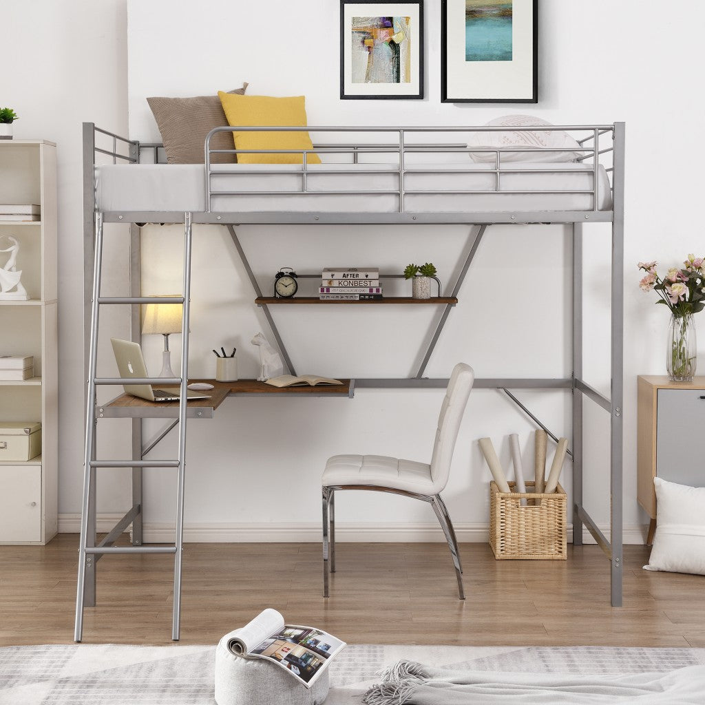Silver Metal Loft Bed With L Shaped Desk And Shelf By Homeroots | Beds | Modishstore - 4