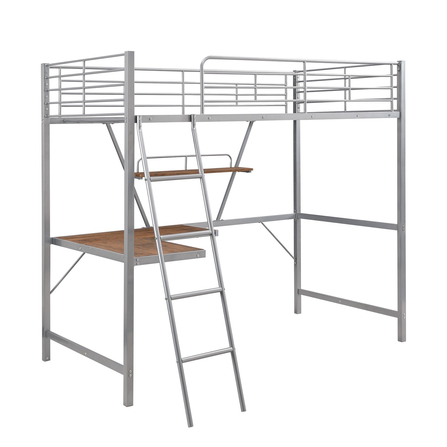Silver Metal Loft Bed With L Shaped Desk And Shelf By Homeroots | Beds | Modishstore - 5