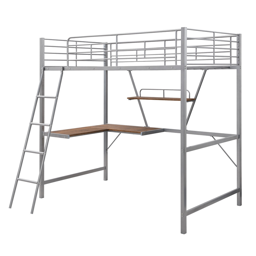 Silver Metal Loft Bed With L Shaped Desk And Shelf By Homeroots | Beds | Modishstore - 6
