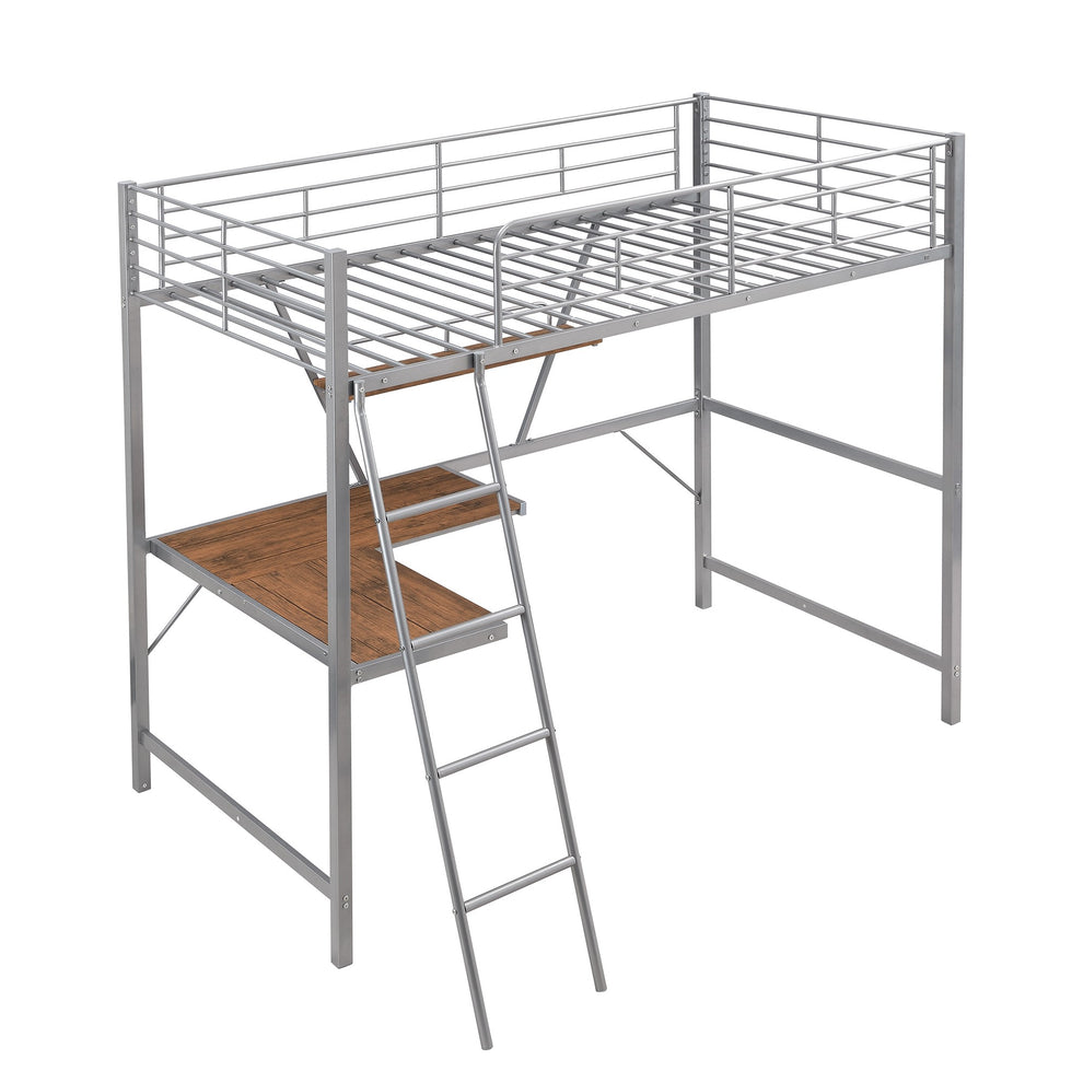 Silver Metal Loft Bed With L Shaped Desk And Shelf By Homeroots | Beds | Modishstore - 7