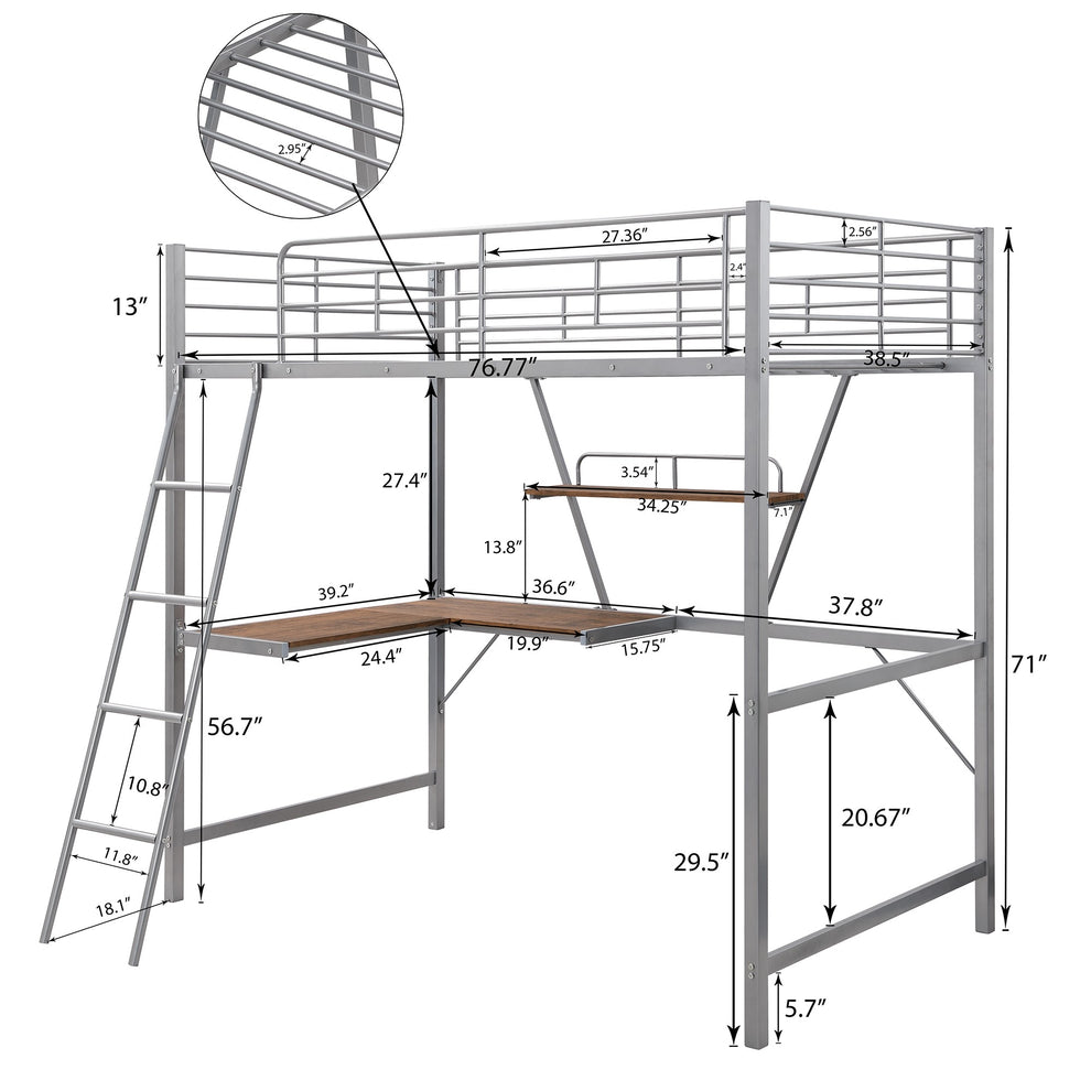 Silver Metal Loft Bed With L Shaped Desk And Shelf By Homeroots | Beds | Modishstore - 8
