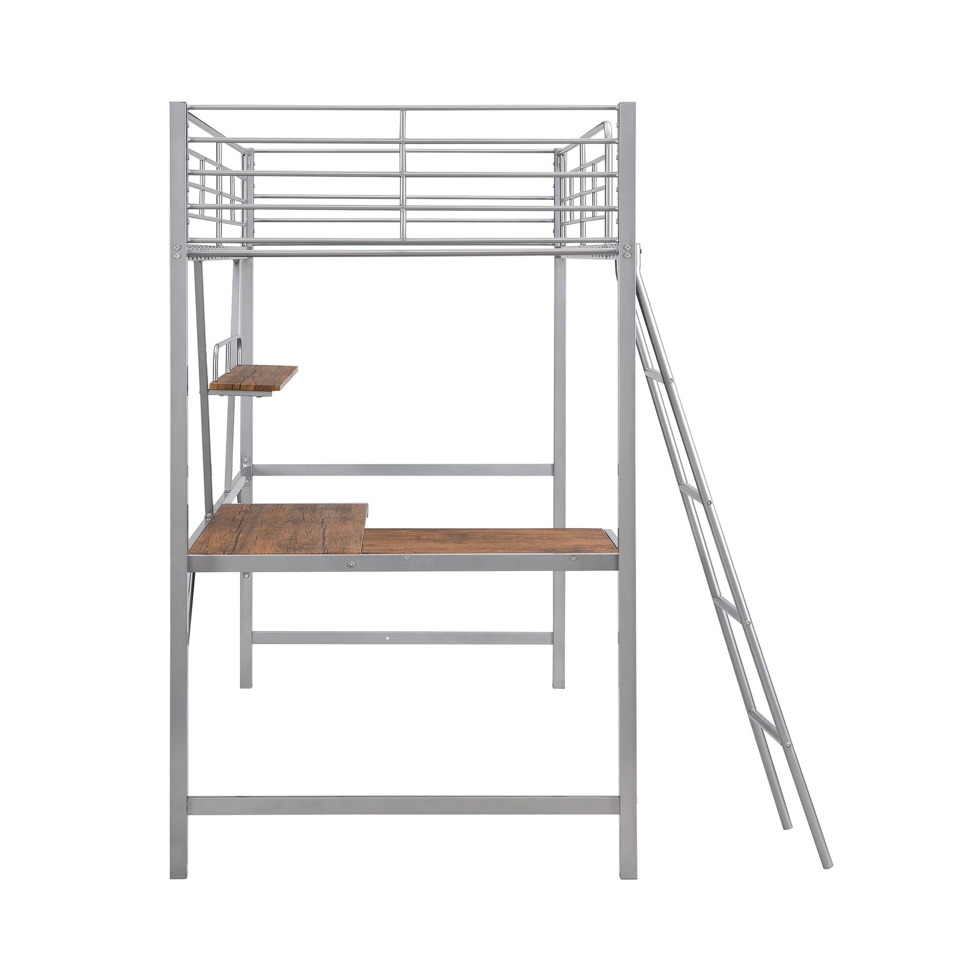 Silver Metal Loft Bed With L Shaped Desk And Shelf By Homeroots | Beds | Modishstore - 9