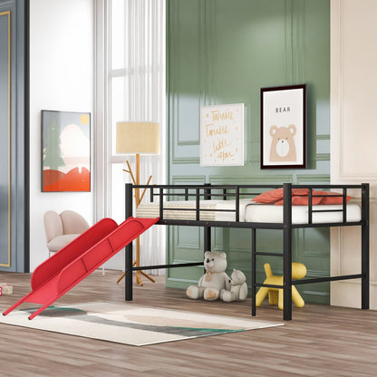 Black Twin Metal Loft Bed With Reinforced Red Slide By Homeroots | Beds | Modishstore