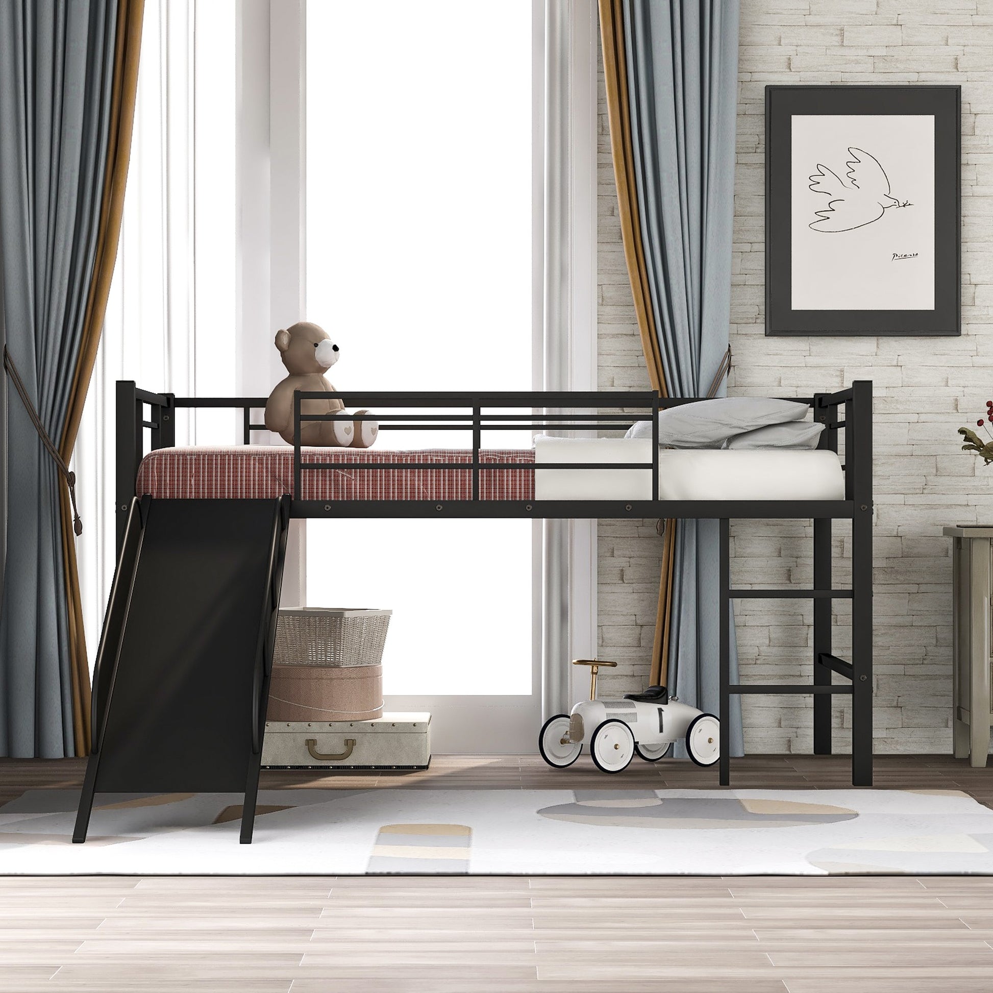 Black Twin Metal Loft Bed With Reinforced Red Slide By Homeroots | Beds | Modishstore - 11