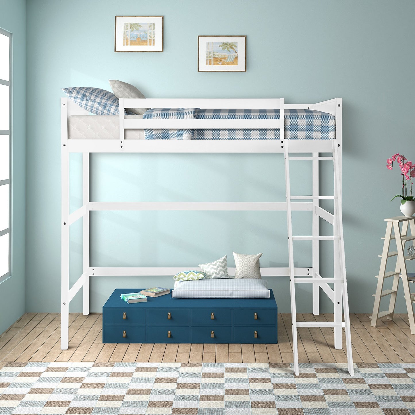 White Twin Size High Loft Bed By Homeroots - 404105 | Beds | Modishstore - 2