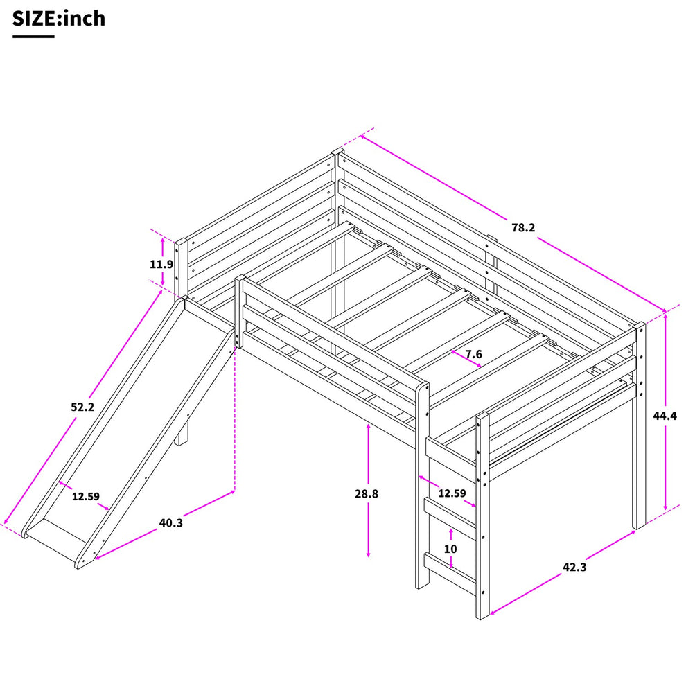 White Low Loft Bed With Slide By Homeroots | Beds | Modishstore - 8