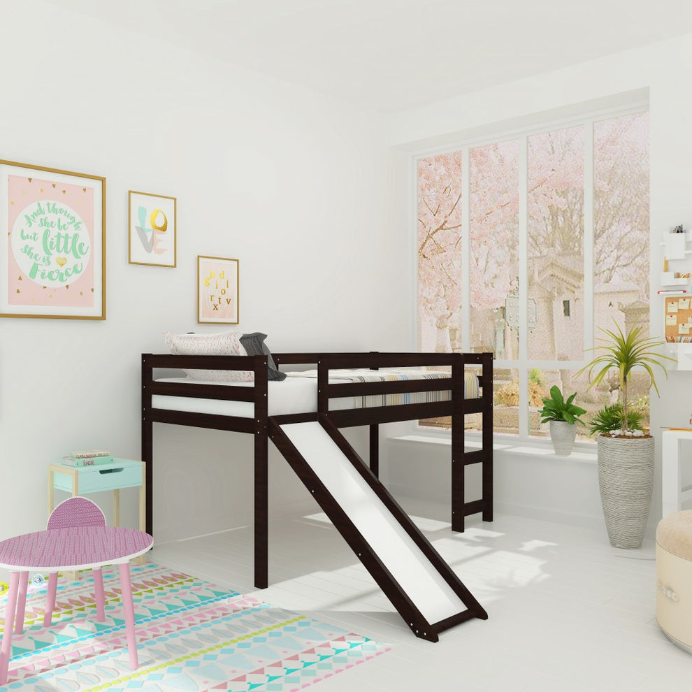 Brown Low Loft Bed With Slide By Homeroots | Beds | Modishstore - 2