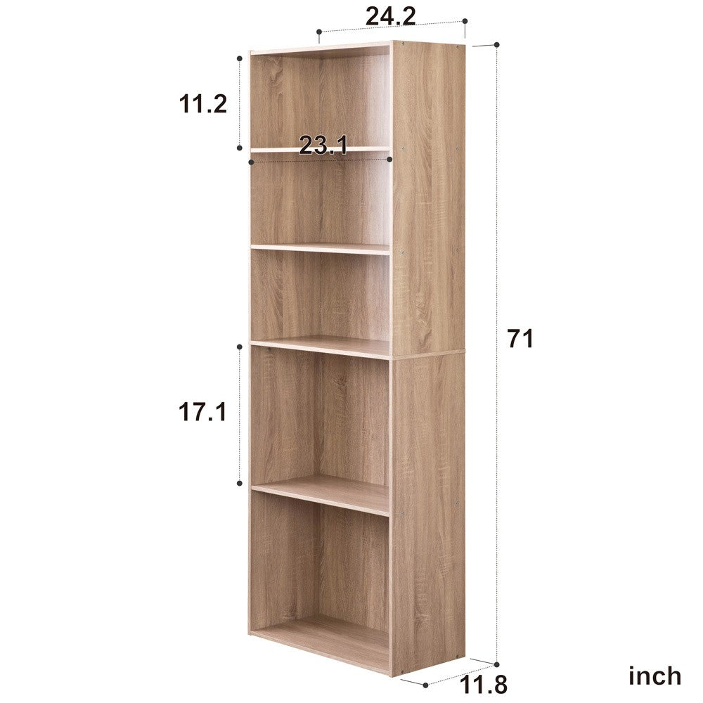 Classic Natural Finish Five Shelf Bookcase By Homeroots | Cabinets | Modishstore - 3
