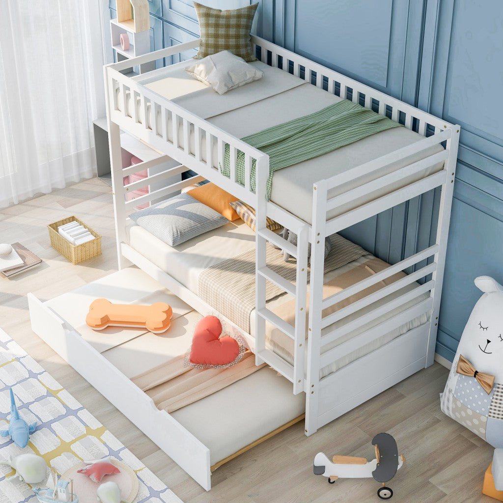 White Twin Over Twin Solid Wood Bunk Bed With Trundle By Homeroots | Beds | Modishstore - 3