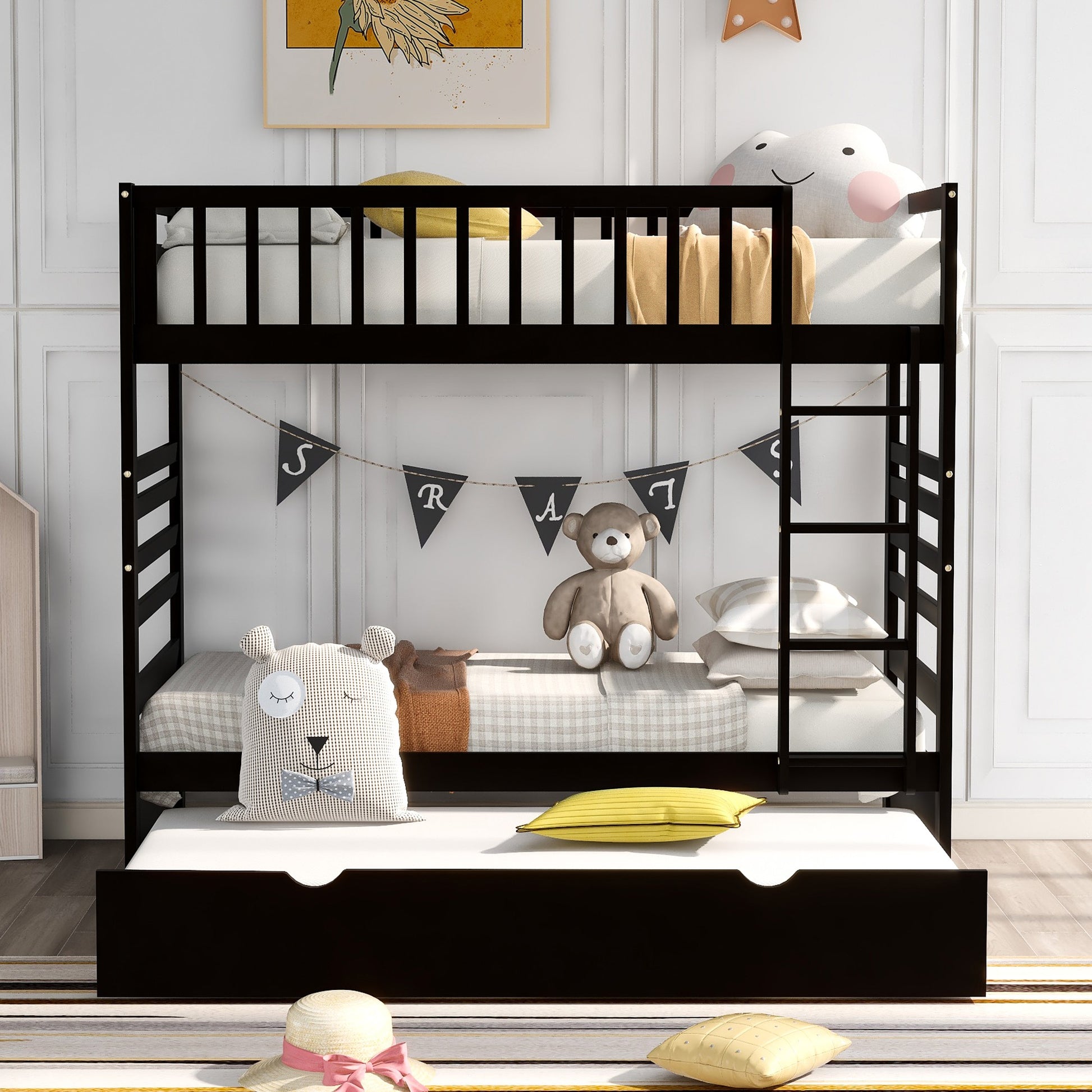 White Twin Over Twin Solid Wood Bunk Bed With Trundle By Homeroots | Beds | Modishstore - 20