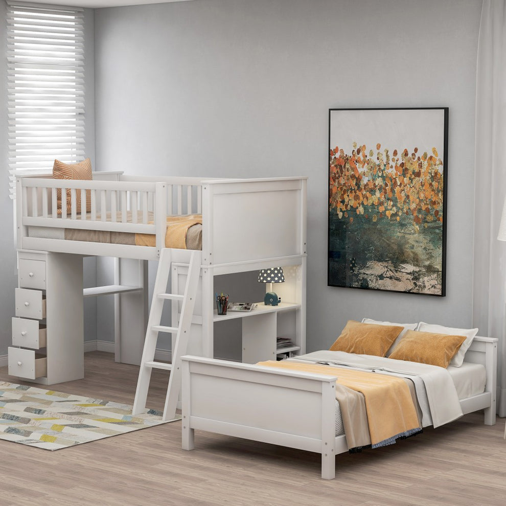 White Twin Over Twin Size Bed With Shelves And Drawers By Homeroots | Beds | Modishstore - 2