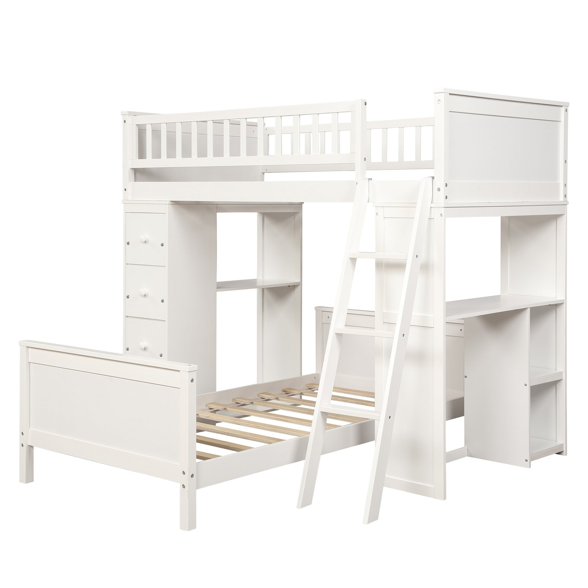 White Twin Over Twin Size Bed With Shelves And Drawers By Homeroots | Beds | Modishstore - 3