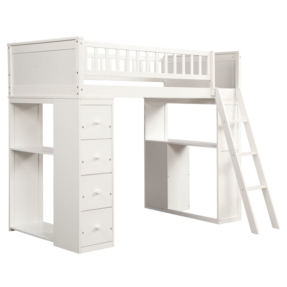 White Twin Over Twin Size Bed With Shelves And Drawers By Homeroots | Beds | Modishstore - 4