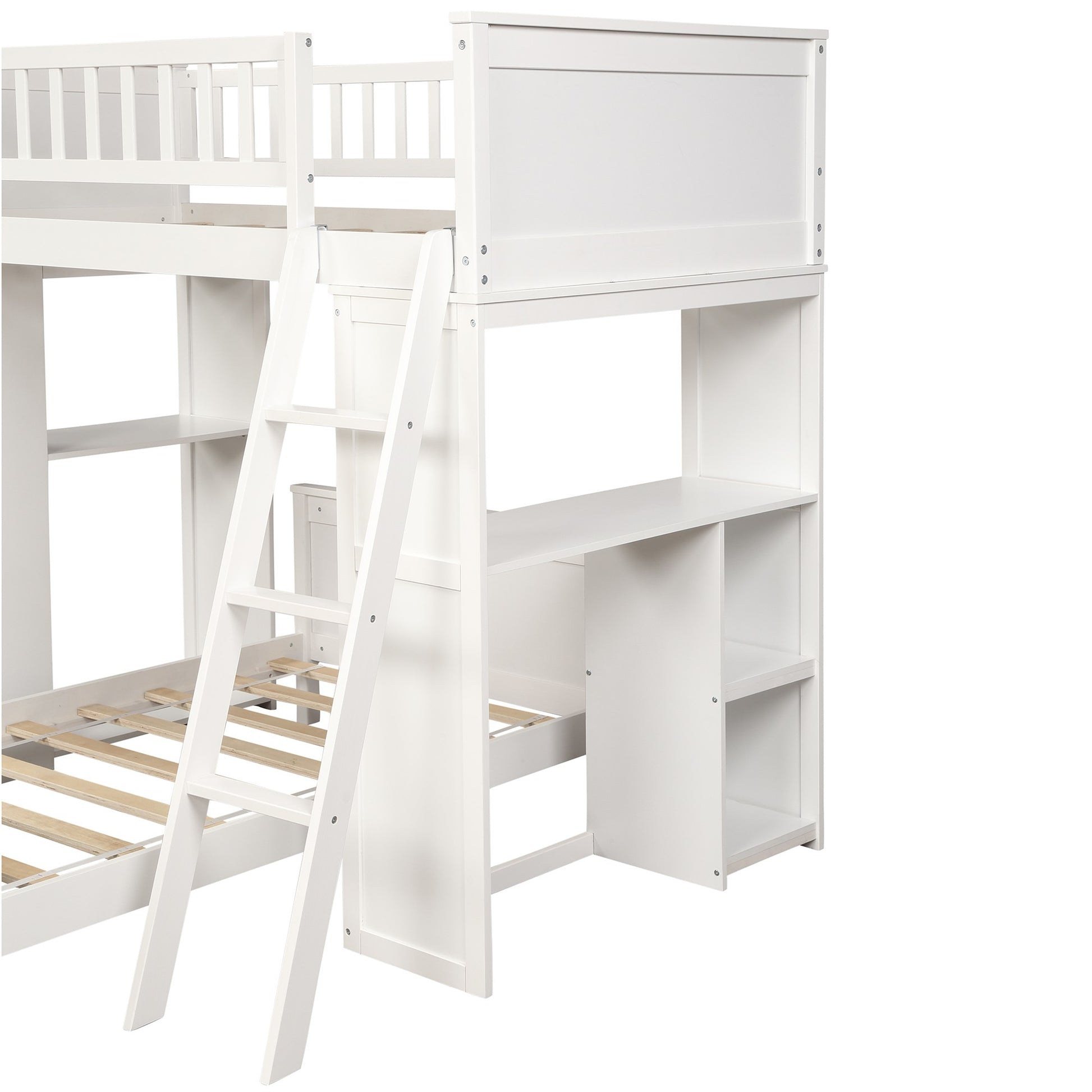 White Twin Over Twin Size Bed With Shelves And Drawers By Homeroots | Beds | Modishstore - 7
