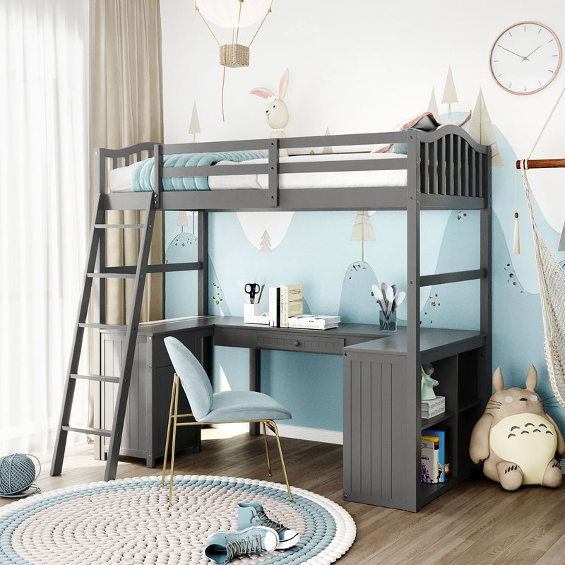 Modern Classic Gray Twin Loft Bed With Book Shelf Desk And Cabinet By Homeroots | Beds | Modishstore