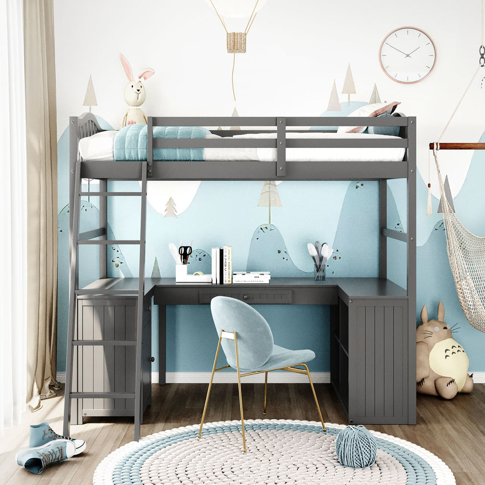 Modern Classic Gray Twin Loft Bed With Book Shelf Desk And Cabinet By Homeroots | Beds | Modishstore - 2