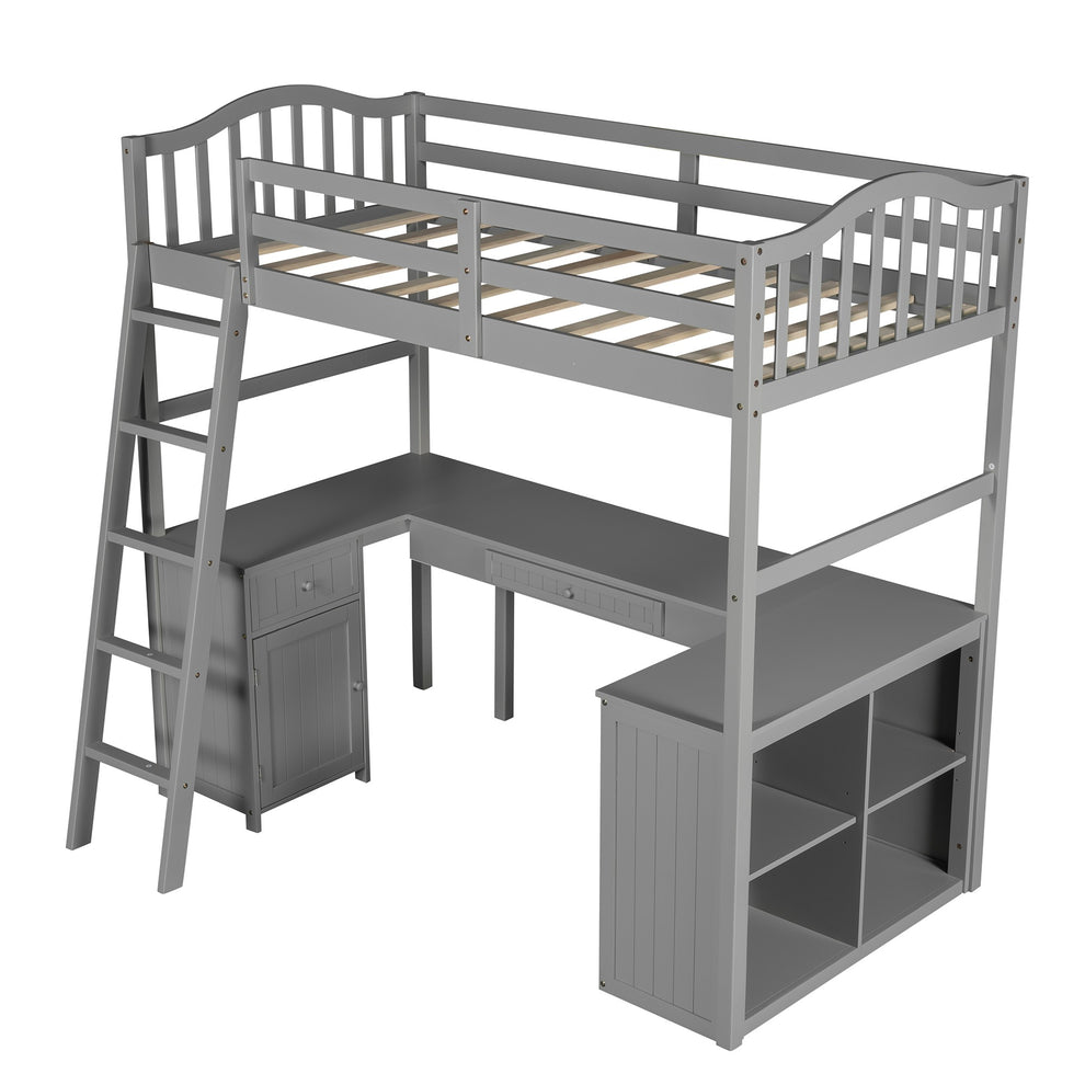 Modern Classic Gray Twin Loft Bed With Book Shelf Desk And Cabinet By Homeroots | Beds | Modishstore - 5