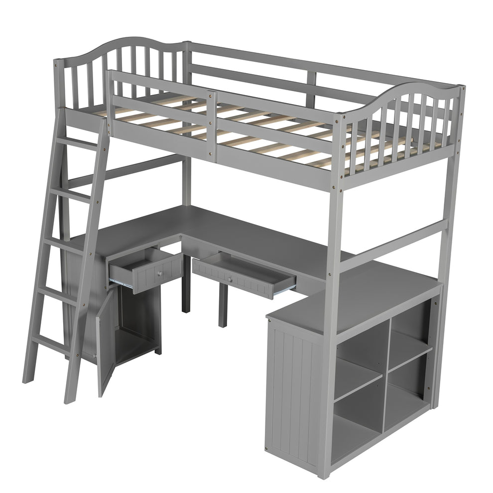 Modern Classic Gray Twin Loft Bed With Book Shelf Desk And Cabinet By Homeroots | Beds | Modishstore - 6