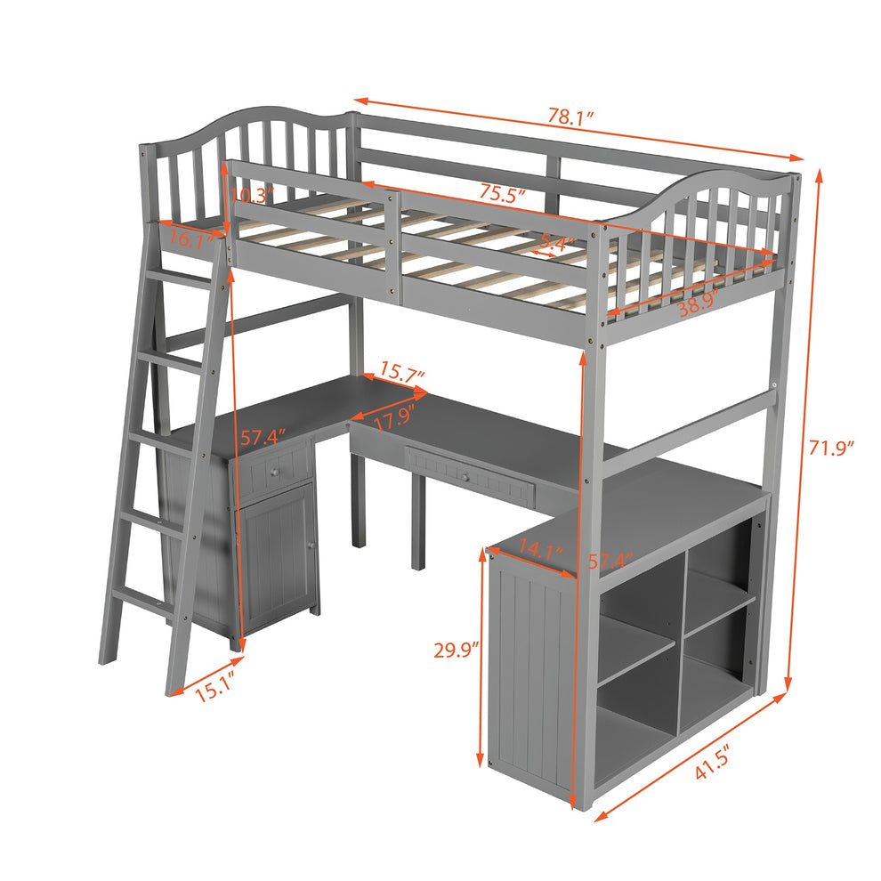 Modern Classic Gray Twin Loft Bed With Book Shelf Desk And Cabinet By Homeroots | Beds | Modishstore - 7