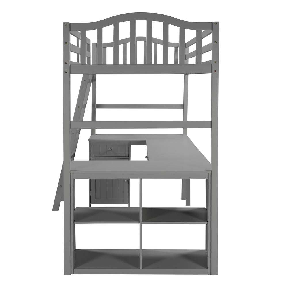 Modern Classic Gray Twin Loft Bed With Book Shelf Desk And Cabinet By Homeroots | Beds | Modishstore - 9