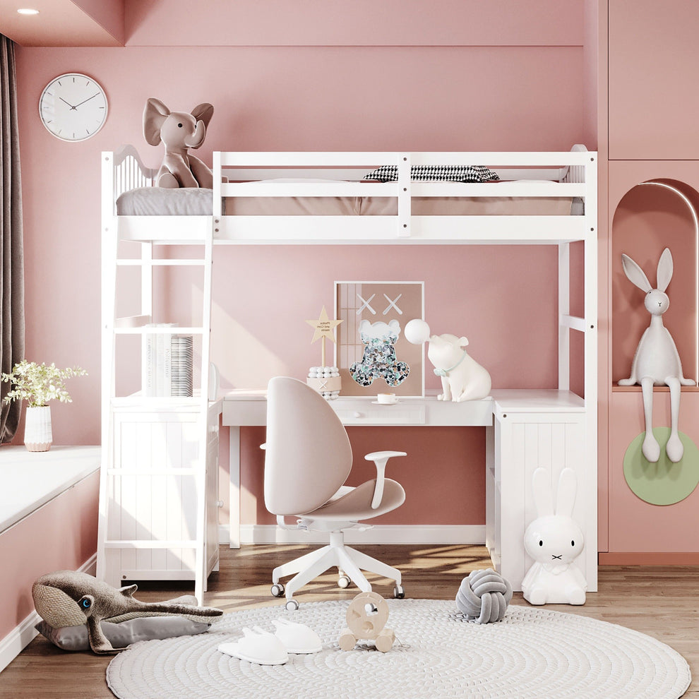 Modern Classic White Twin Loft Bed With Book Shelf Desk And Cabinet By Homeroots | Beds | Modishstore - 2