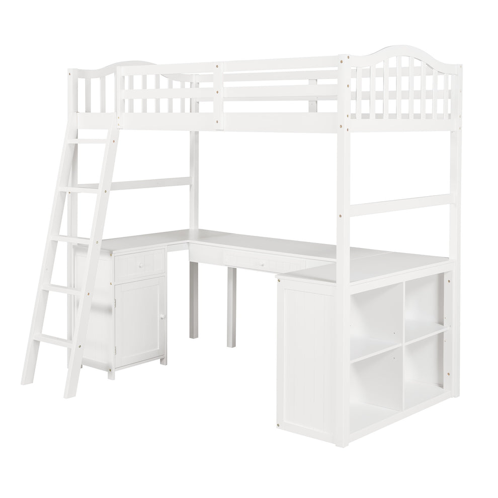 Modern Classic White Twin Loft Bed With Book Shelf Desk And Cabinet By Homeroots | Beds | Modishstore - 3