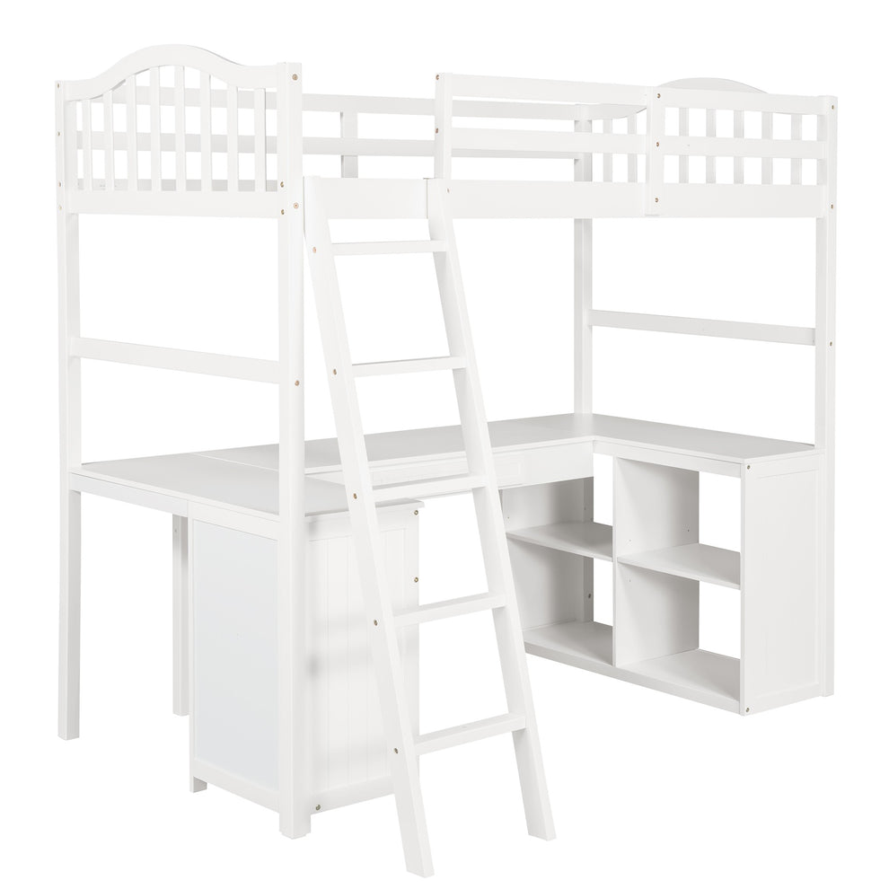Modern Classic White Twin Loft Bed With Book Shelf Desk And Cabinet By Homeroots | Beds | Modishstore - 5