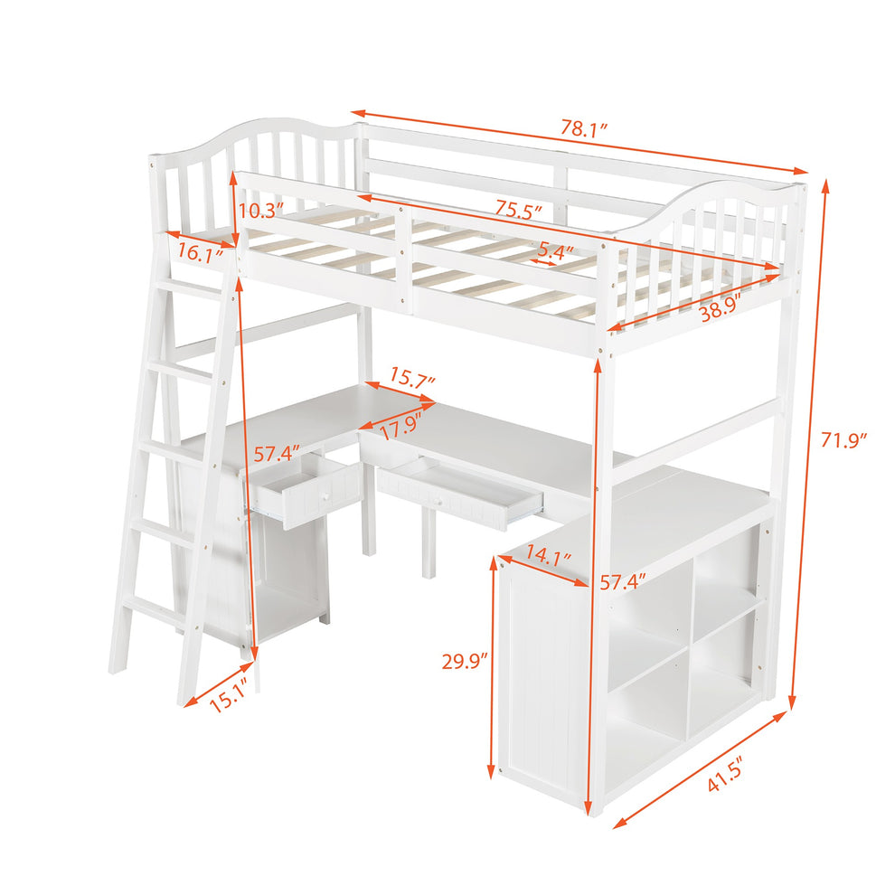 Modern Classic White Twin Loft Bed With Book Shelf Desk And Cabinet By Homeroots | Beds | Modishstore - 6