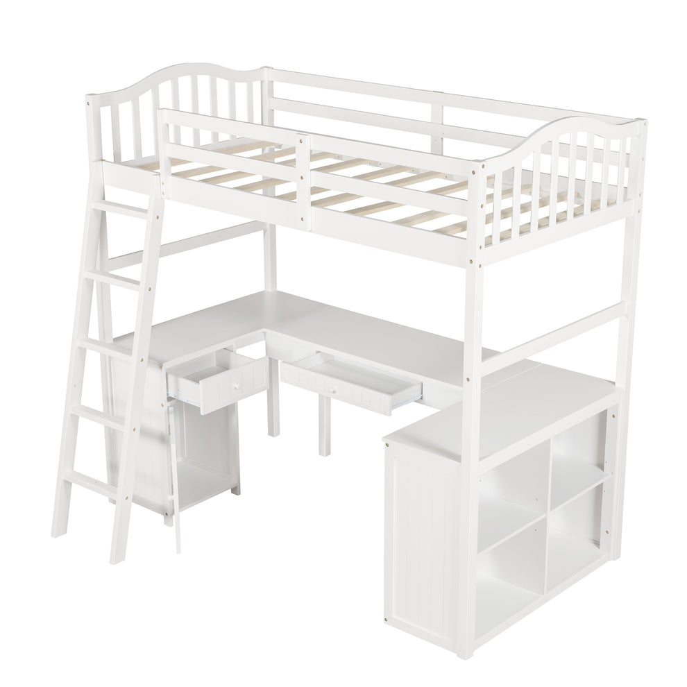 Modern Classic White Twin Loft Bed With Book Shelf Desk And Cabinet By Homeroots | Beds | Modishstore - 7
