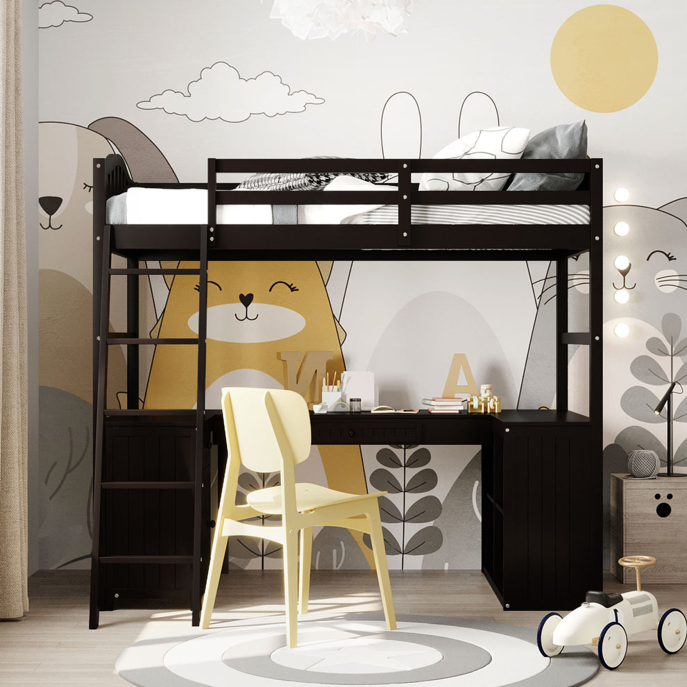 Modern Classic Dark Brown Twin Loft Bed With Book Shelf Desk And Cabinet By Homeroots | Beds | Modishstore - 2