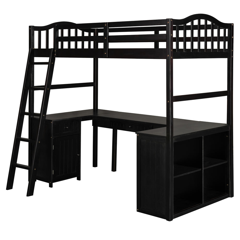 Modern Classic Dark Brown Twin Loft Bed With Book Shelf Desk And Cabinet By Homeroots | Beds | Modishstore - 3