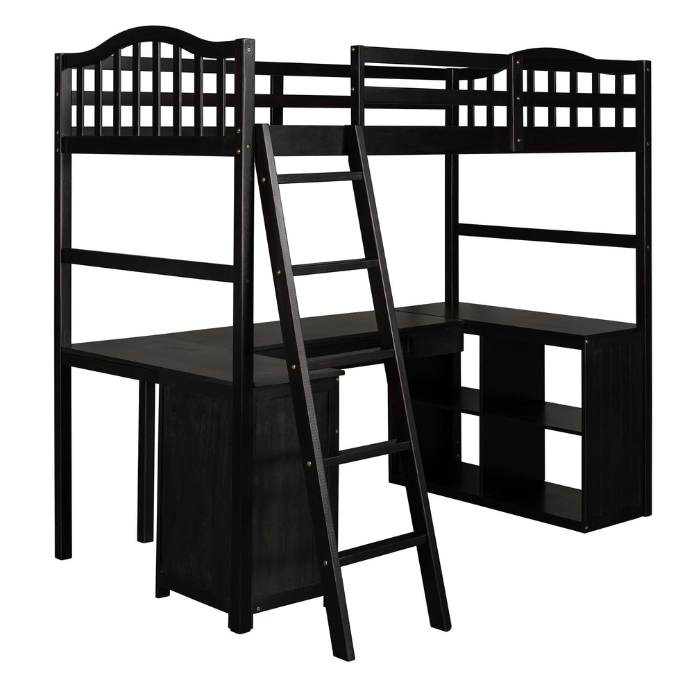 Modern Classic Dark Brown Twin Loft Bed With Book Shelf Desk And Cabinet By Homeroots | Beds | Modishstore - 5