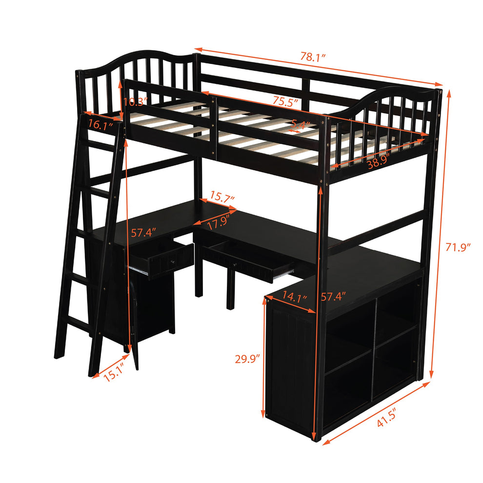 Modern Classic Dark Brown Twin Loft Bed With Book Shelf Desk And Cabinet By Homeroots | Beds | Modishstore - 7