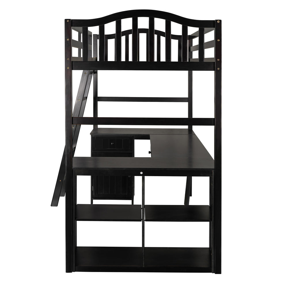 Modern Classic Dark Brown Twin Loft Bed With Book Shelf Desk And Cabinet By Homeroots | Beds | Modishstore - 9