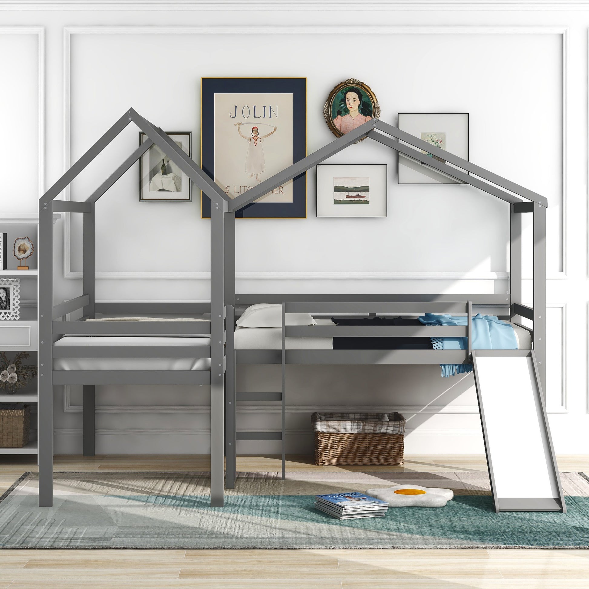 Gray L-Shaped Double Twin Size Loft Bed By Homeroots | Beds | Modishstore - 2