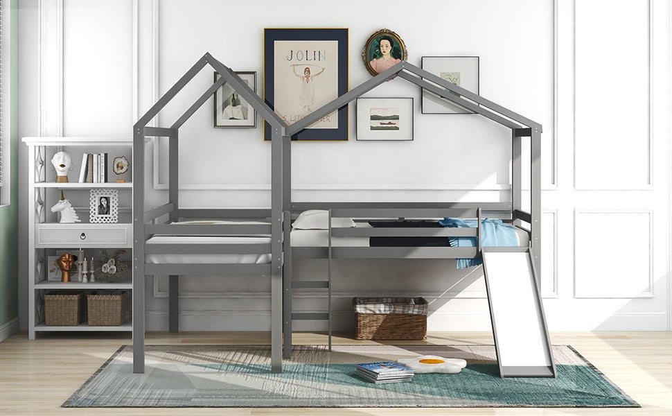 Gray L-Shaped Double Twin Size Loft Bed By Homeroots | Beds | Modishstore - 9