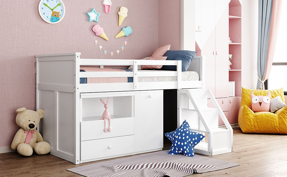 White Twin Size Low Loft Bed With Portable Desk By Homeroots | Beds | Modishstore - 5